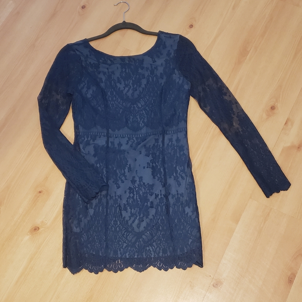 Free people long sleeved blue lace mini dress